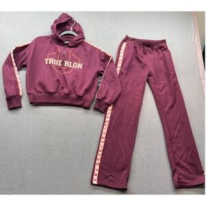 True Religion Girls Sz 14 Burgundy Sweat Suit Track Set Hoodie Pants Logo